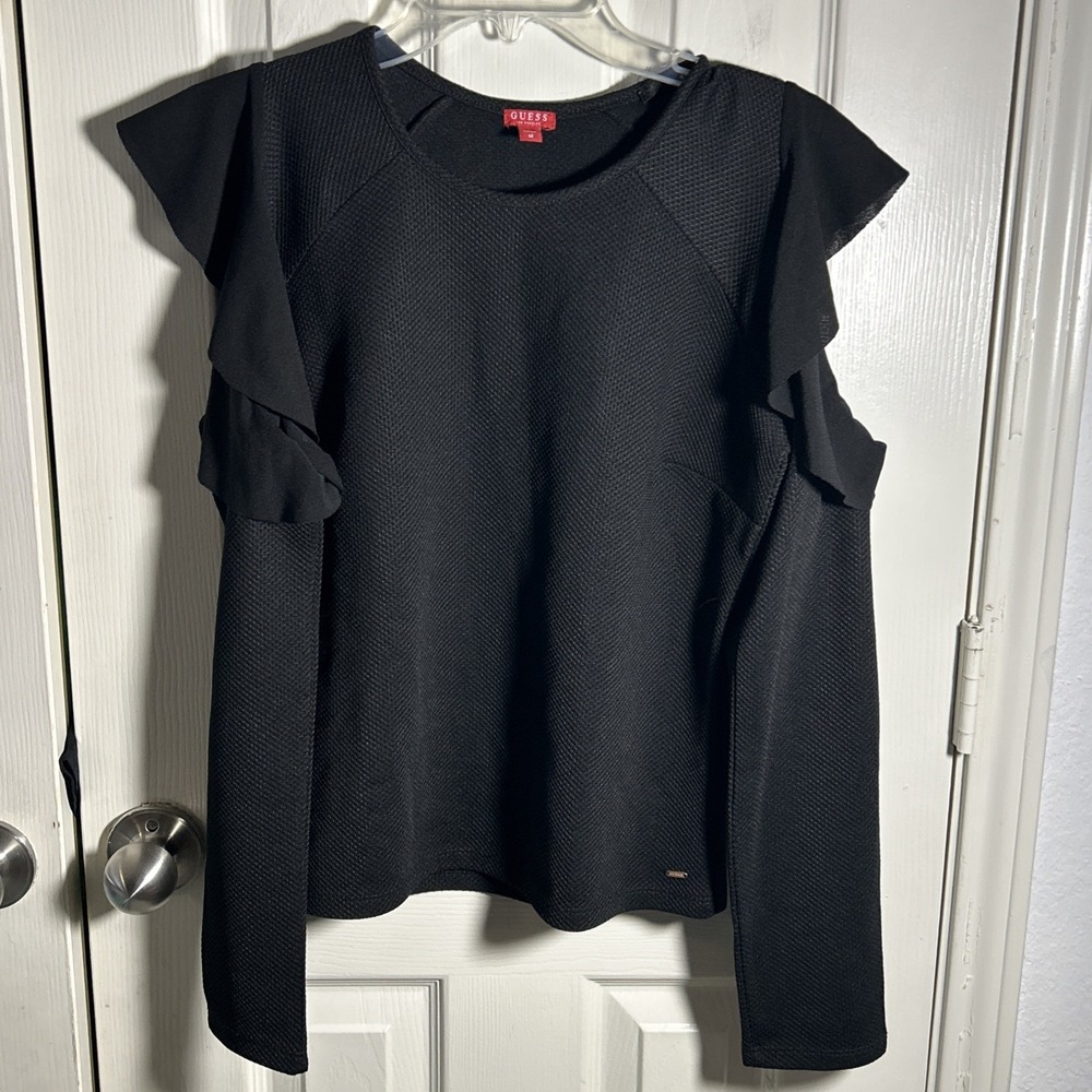Guess Long Sleeved Shirt Black Womens M Fitted Cold Ruffle Shoulder